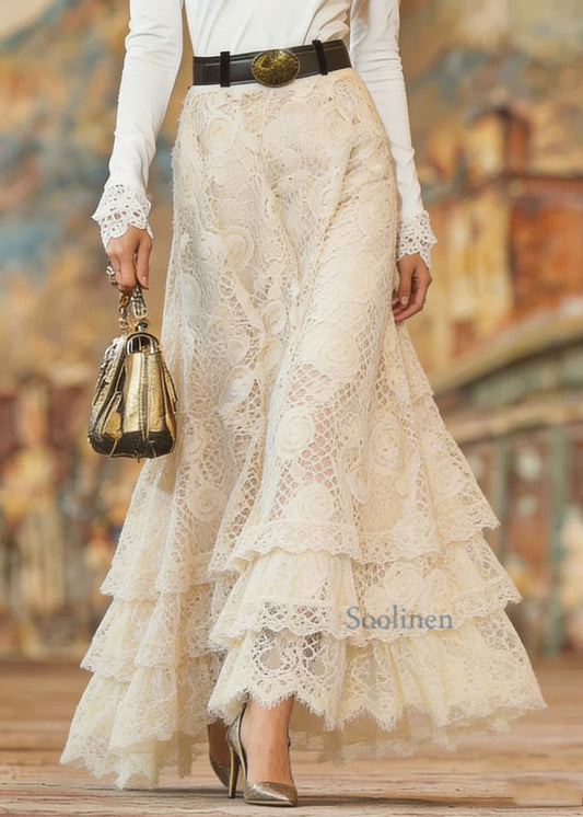 Elegant Beige Elastic Waist Lace Maxi Skirt Spring