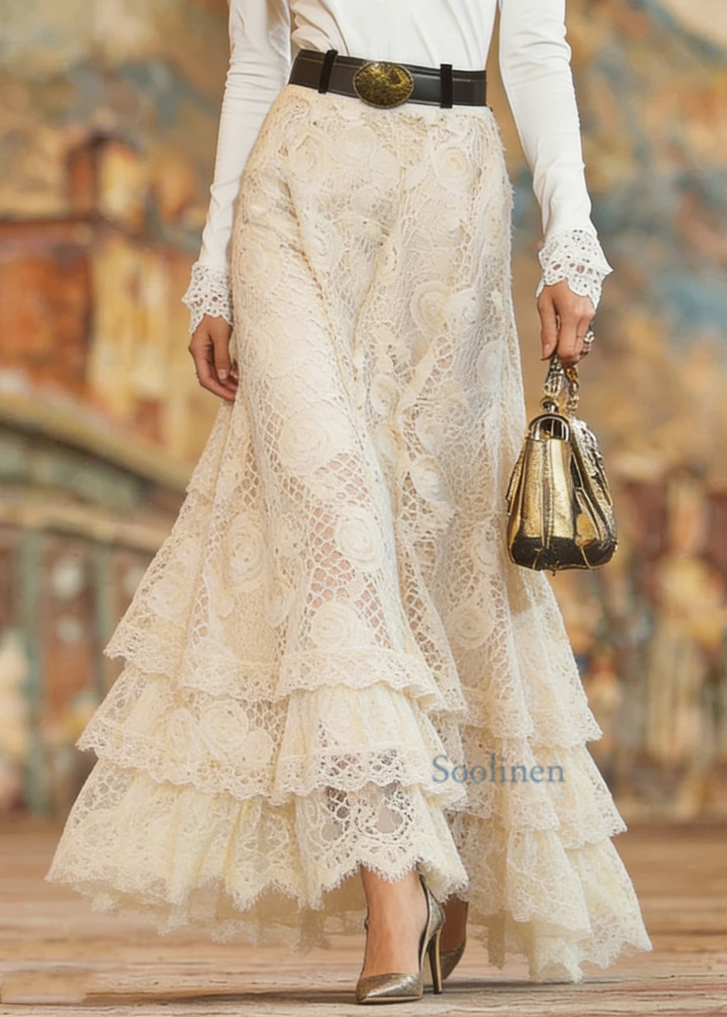 Elegant Beige Elastic Waist Lace Maxi Skirt Spring