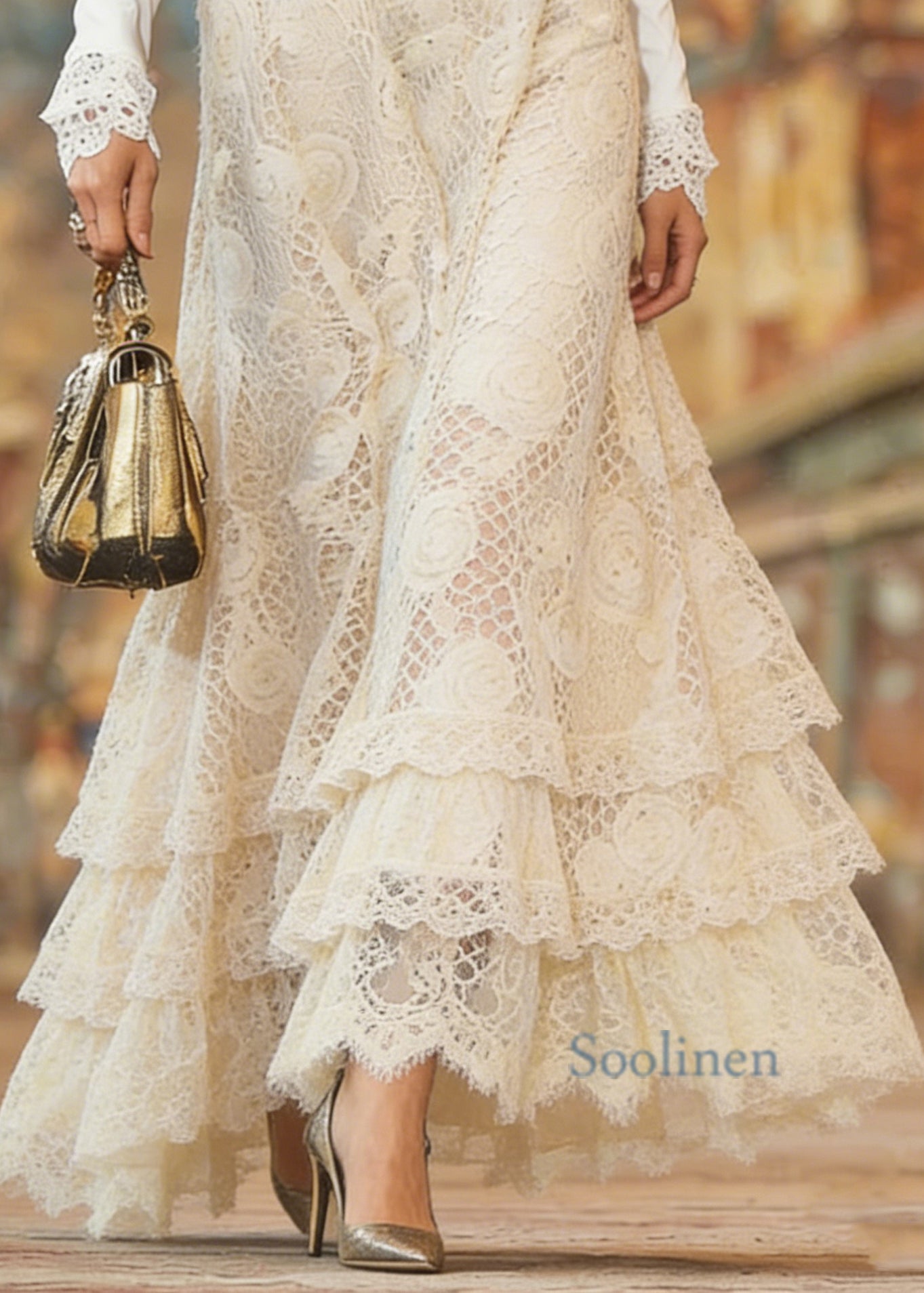 Elegant Beige Elastic Waist Lace Maxi Skirt Spring