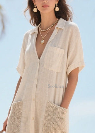 Elegant Beige V Neck Patchwork Pockets Cotton Vacation Dresses Summer