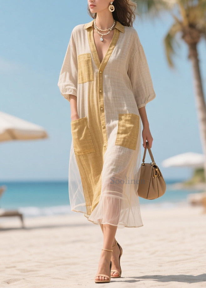 Elegant Beige V Neck Patchwork Tulle Maxi Dresses Bracelet Sleeve