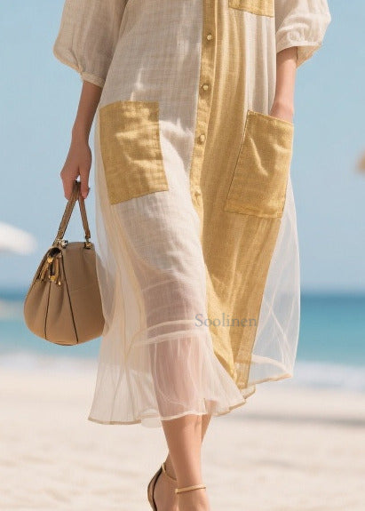 Elegant Beige V Neck Patchwork Tulle Maxi Dresses Bracelet Sleeve