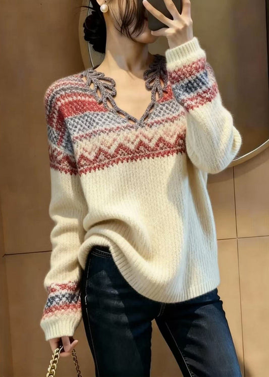 Elegant Beige V Neck Print Knitted Tops Spring
