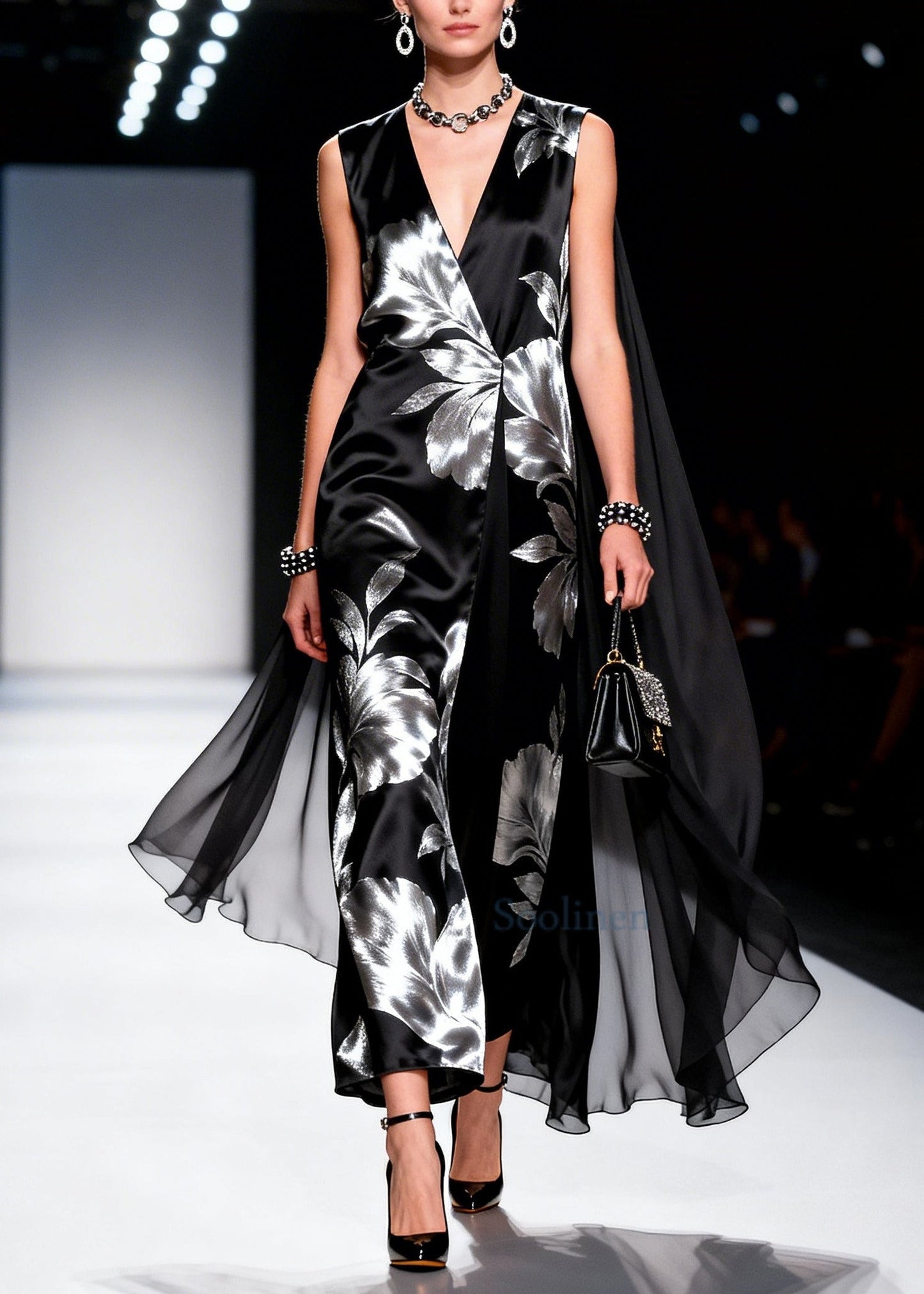 Elegant Black Jacquard Patchwork Shawl Silk Party Dress Summer