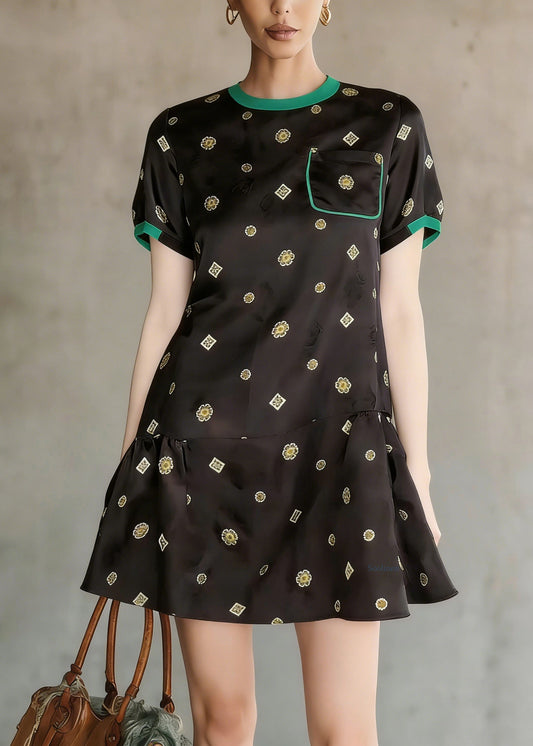 Elegant Black O Neck Print Wrinkled Silk Mid Dress Summer