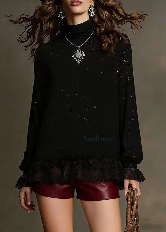Elegant Black Sequins Lace Patchwork Knit Blouses Spring
