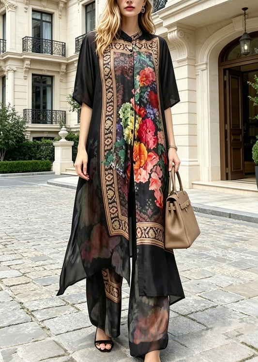 Elegant Black Stand Collar Print Silk Two Pieces Set Summer