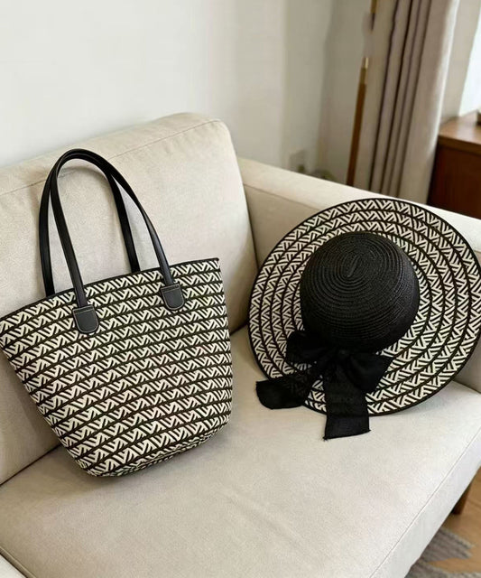 Elegant Black Striped Straw Woven Floppy Sun Hat And Shoulder Handbag Two Pieces Set