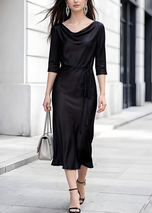 Elegant Black Turtle Neck Lace Up Silk Dress Summer