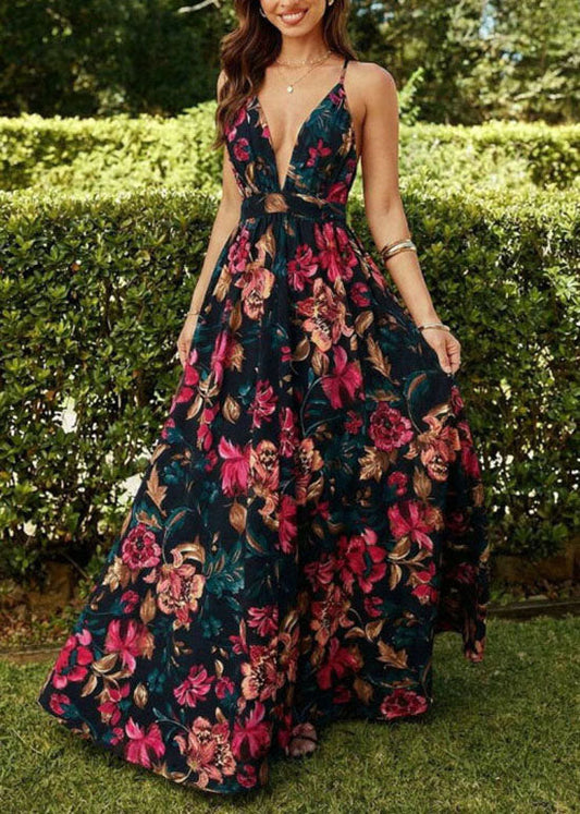 Elegant Black V Neck Print Chiffon Spaghetti Strap Dress Summer