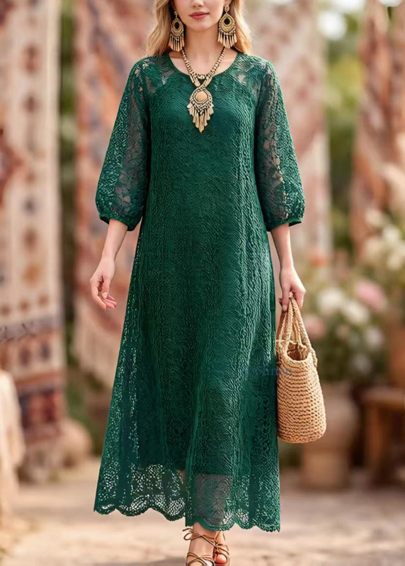 Elegant Blackish Green O Neck Hollow Out Lace Dresses Summer