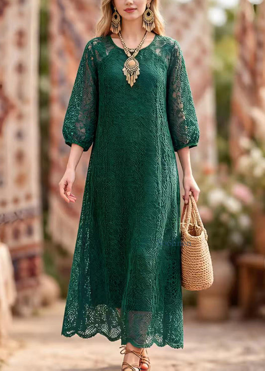 Elegant Blackish Green O Neck Hollow Out Lace Dresses Summer