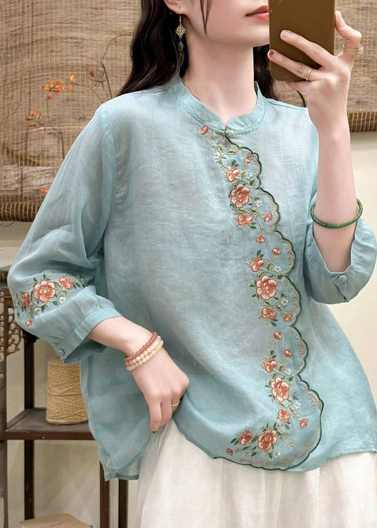 Elegant Blue O-Neck Embroidered Linen Shirt Tops Three Quarter Sleeve