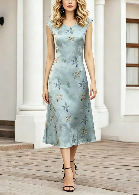 Elegant Blue O-Neck Print Long Dress Short Sleeve