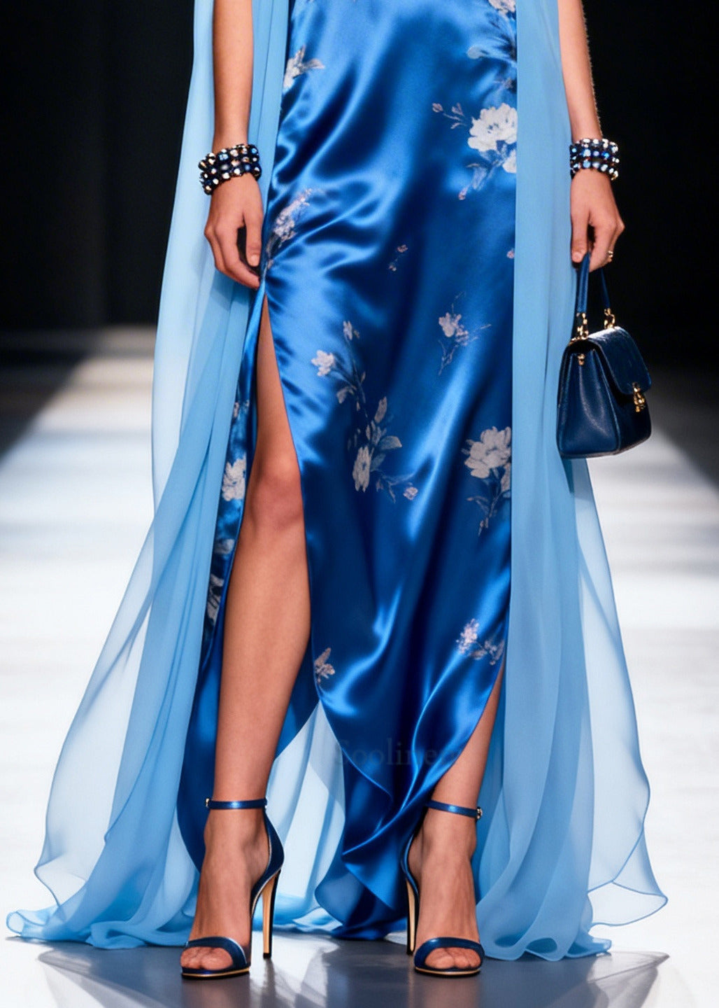 Elegant Blue Patchwork Silk Maxi Dress Side Open Sleeveless