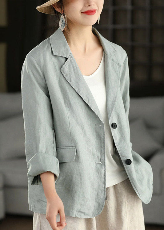 Elegant Blue Peter Pan Collar Pockets Linen Jacket Spring