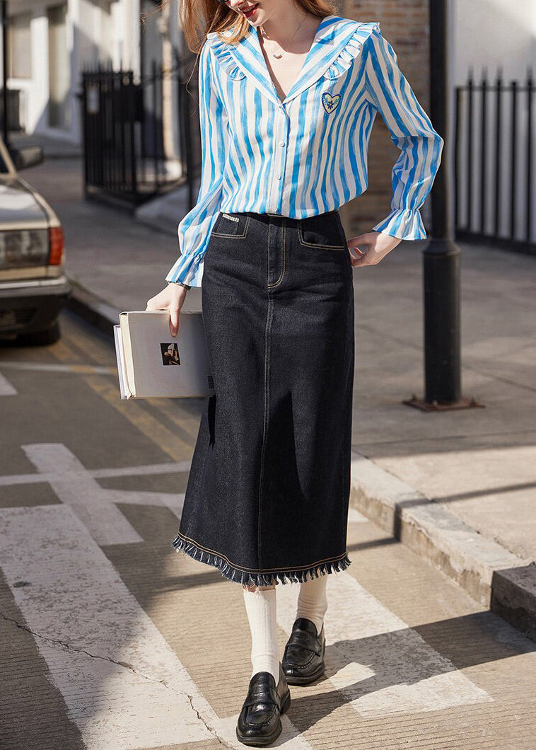 Elegant Blue Peter Pan Collar Striped Cotton Shirts Flare Sleeve
