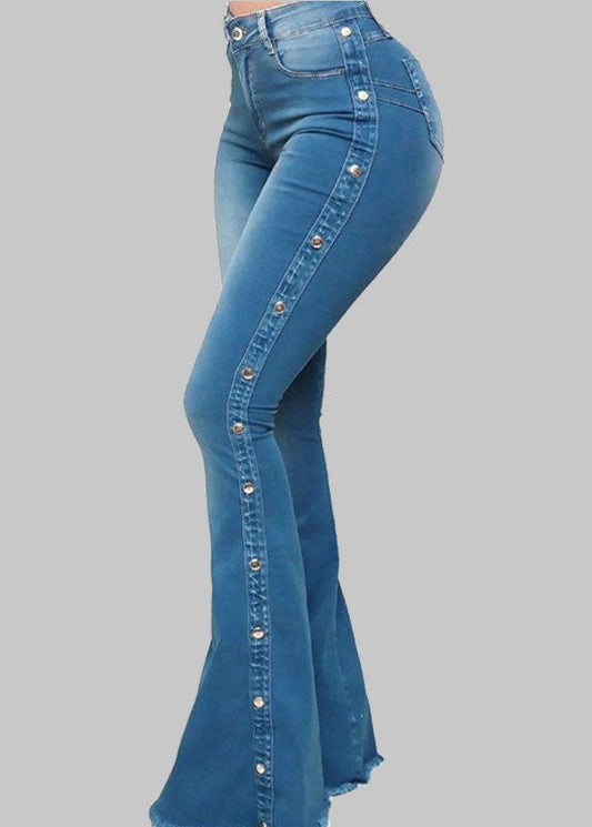 Elegant Blue Pockets Patchwork High Waist Denim Flared Trousers Spring