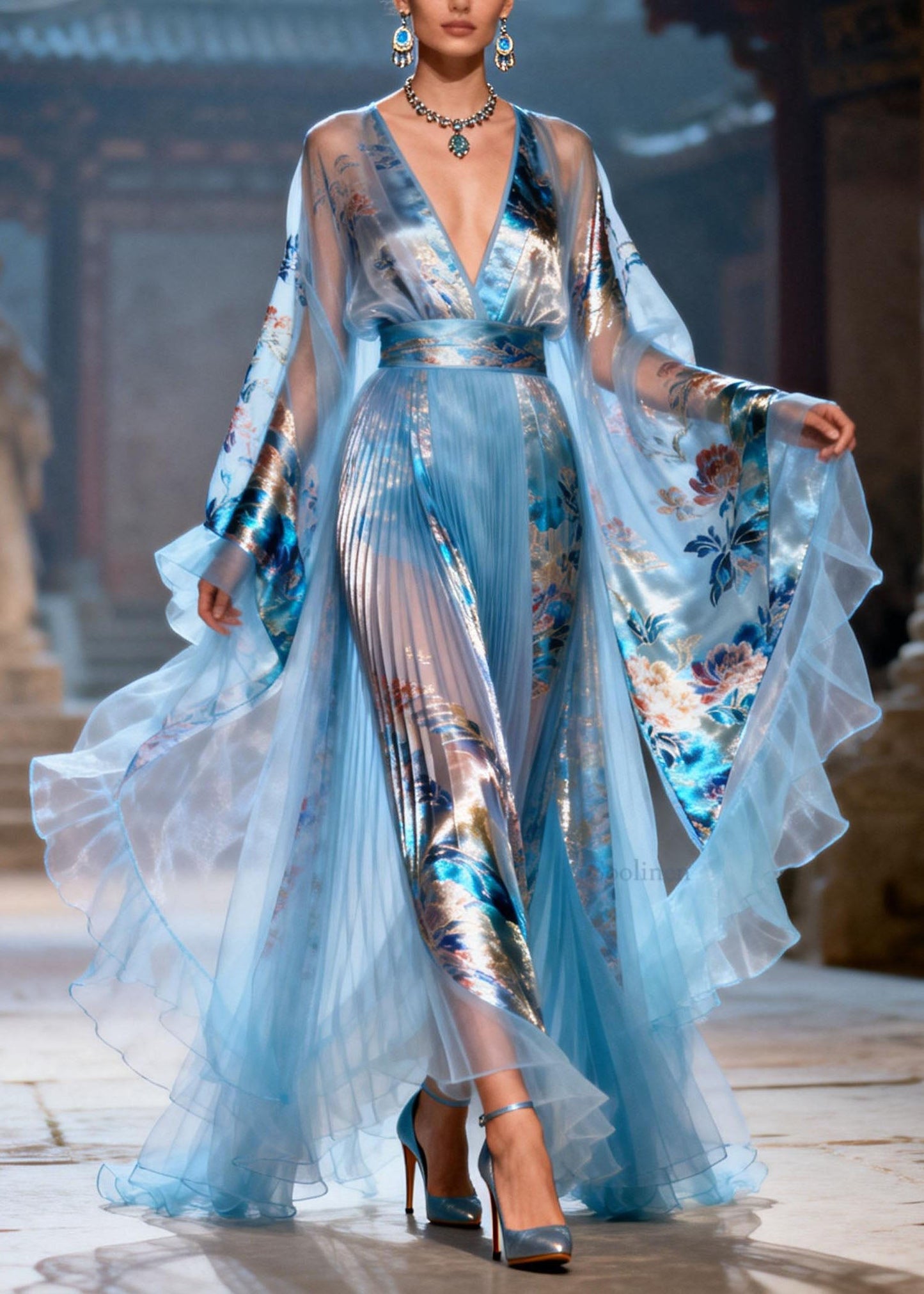 Elegant Blue Ruffled Print Chiffon Maxi Dresses Summer