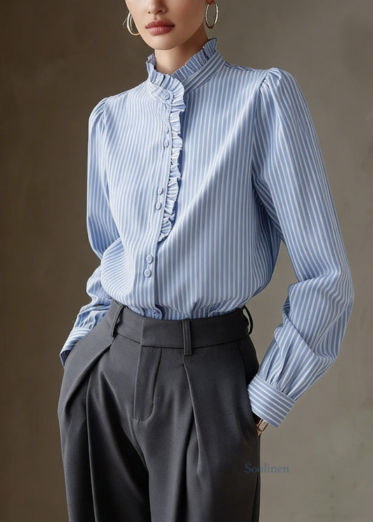 Elegant Blue Ruffled Striped Cotton Shirt Tops Spring