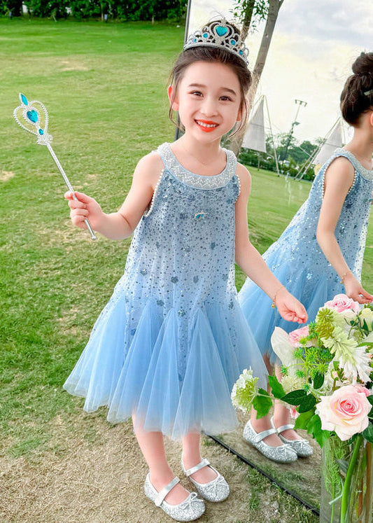 Elegant Blue Sequins Patchwork Tulle Baby Girls Dress Sleeveless