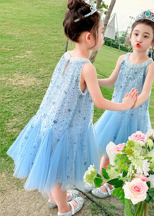 Elegant Blue Sequins Patchwork Tulle Baby Girls Dress Sleeveless