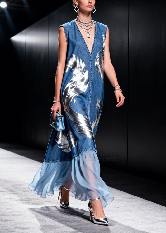 Elegant Blue V Neck Patchwork Print Denim Holiday Dresses Sleeveless
