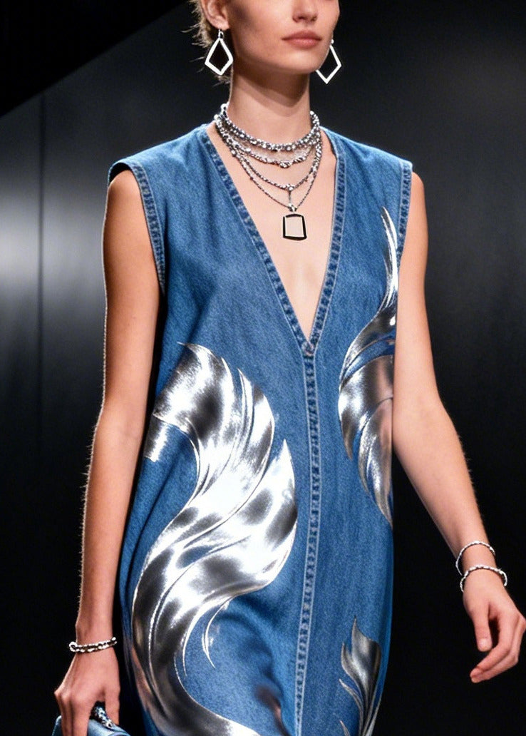 Elegant Blue V Neck Patchwork Print Denim Holiday Dresses Sleeveless