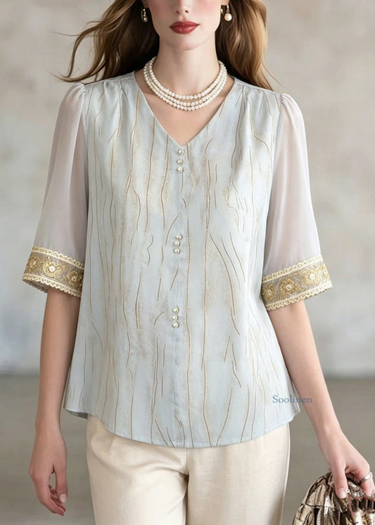 Elegant Blue V Neck Patchwork Shirt Summer