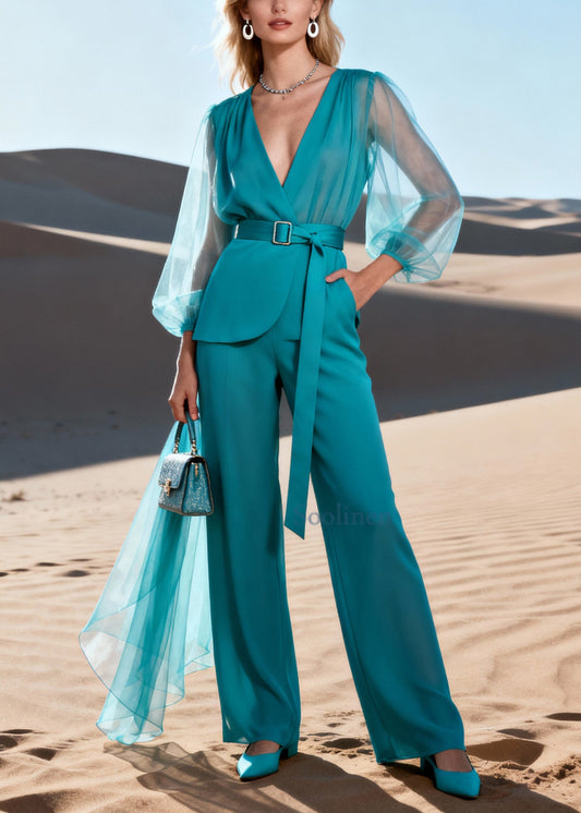 Elegant Blue V Neck Tulle Patchwork Top And Straight Pants Two Piece Set Lantern Sleeve