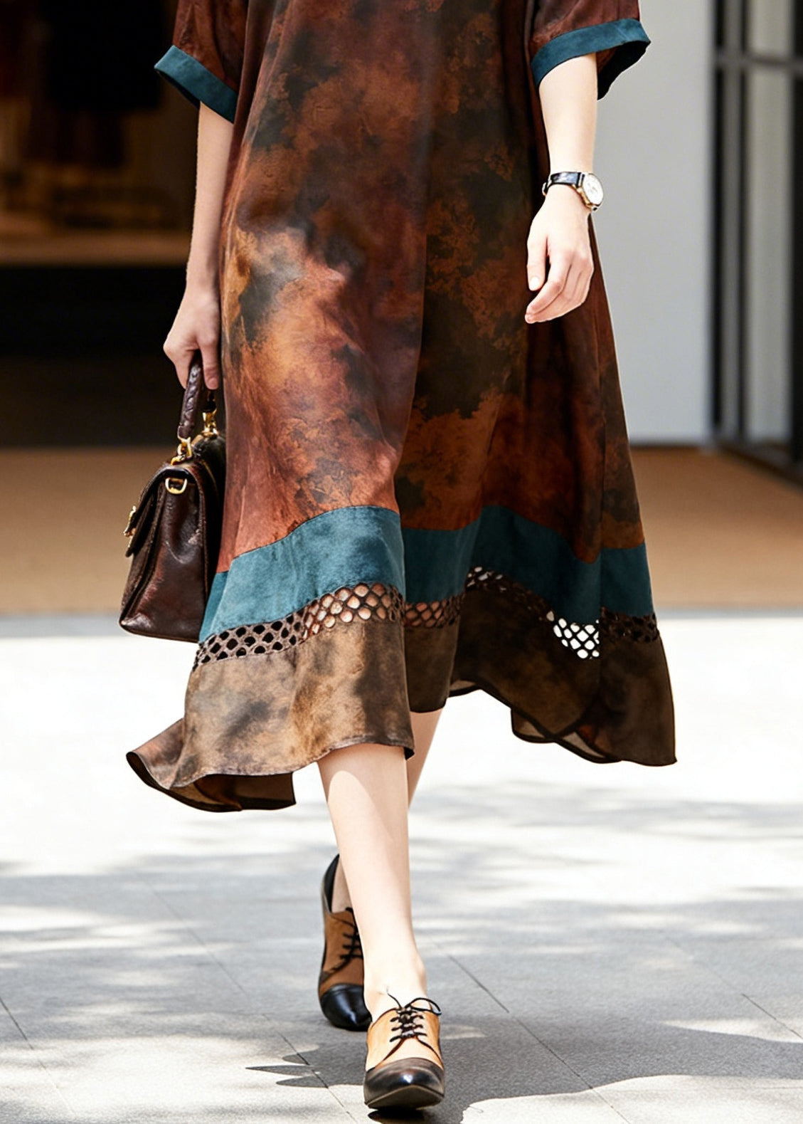 Elegant Brown Hollow Out Patchwork Cotton Long Dress Summer
