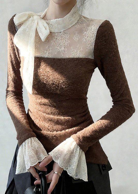 Elegant Brown Lace Up Lace Patchwork T Shirt Flare Sleeve
