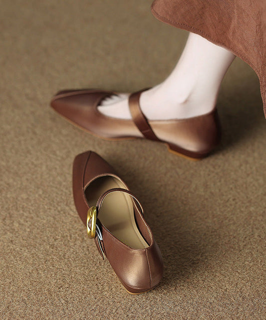 Elegant Buckle Strap Splicing Flats Brown Faux Leather