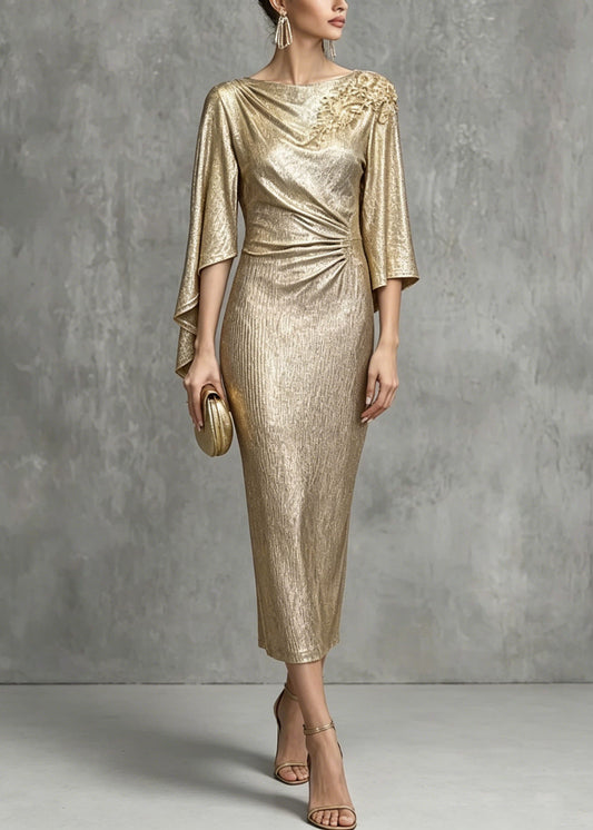 Elegant Champagne Asymmetrical Design Zircon Wrinkled Dress Summer