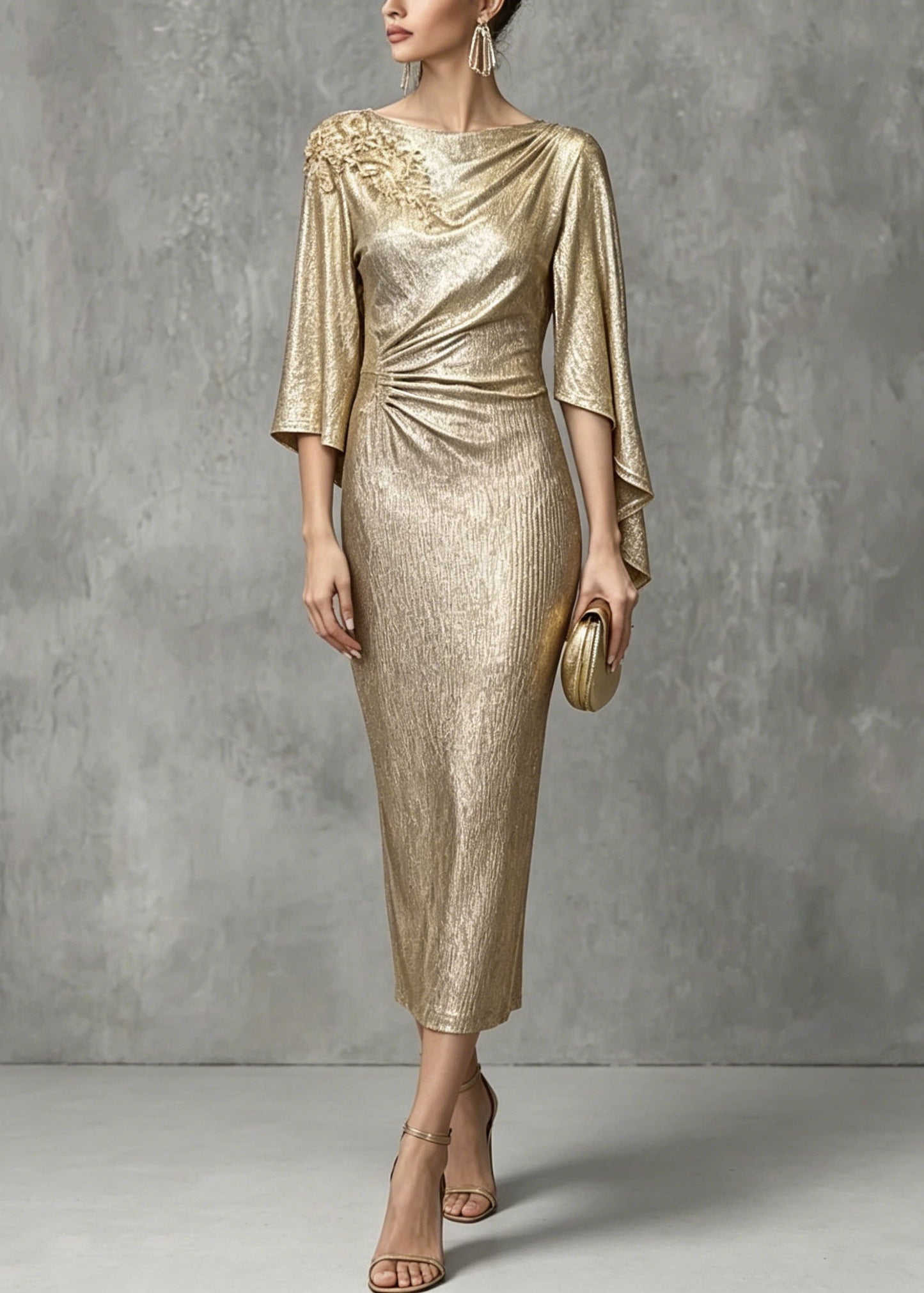 Elegant Champagne Asymmetrical Design Zircon Wrinkled Dress Summer