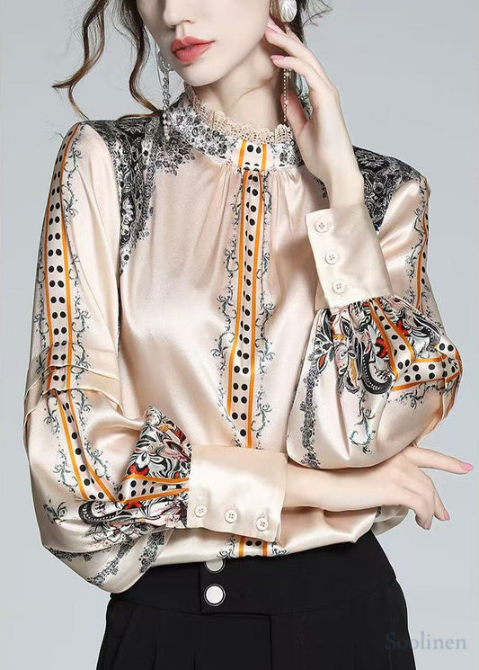 Elegant Champagne Stand Collar Print Silk Shirt Top Spring