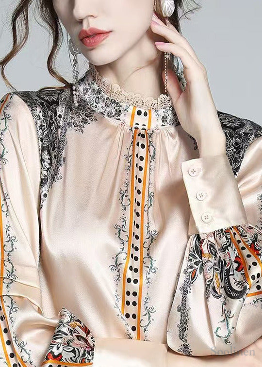 Elegant Champagne Stand Collar Print Silk Shirt Top Spring