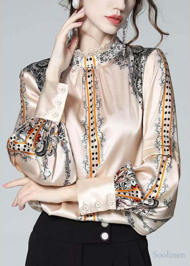 Elegant Champagne Stand Collar Print Silk Shirt Top Spring