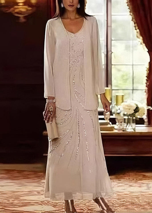 Elegant Champagne V Neck Sequins Chiffon Two Piece Suit Set Summer