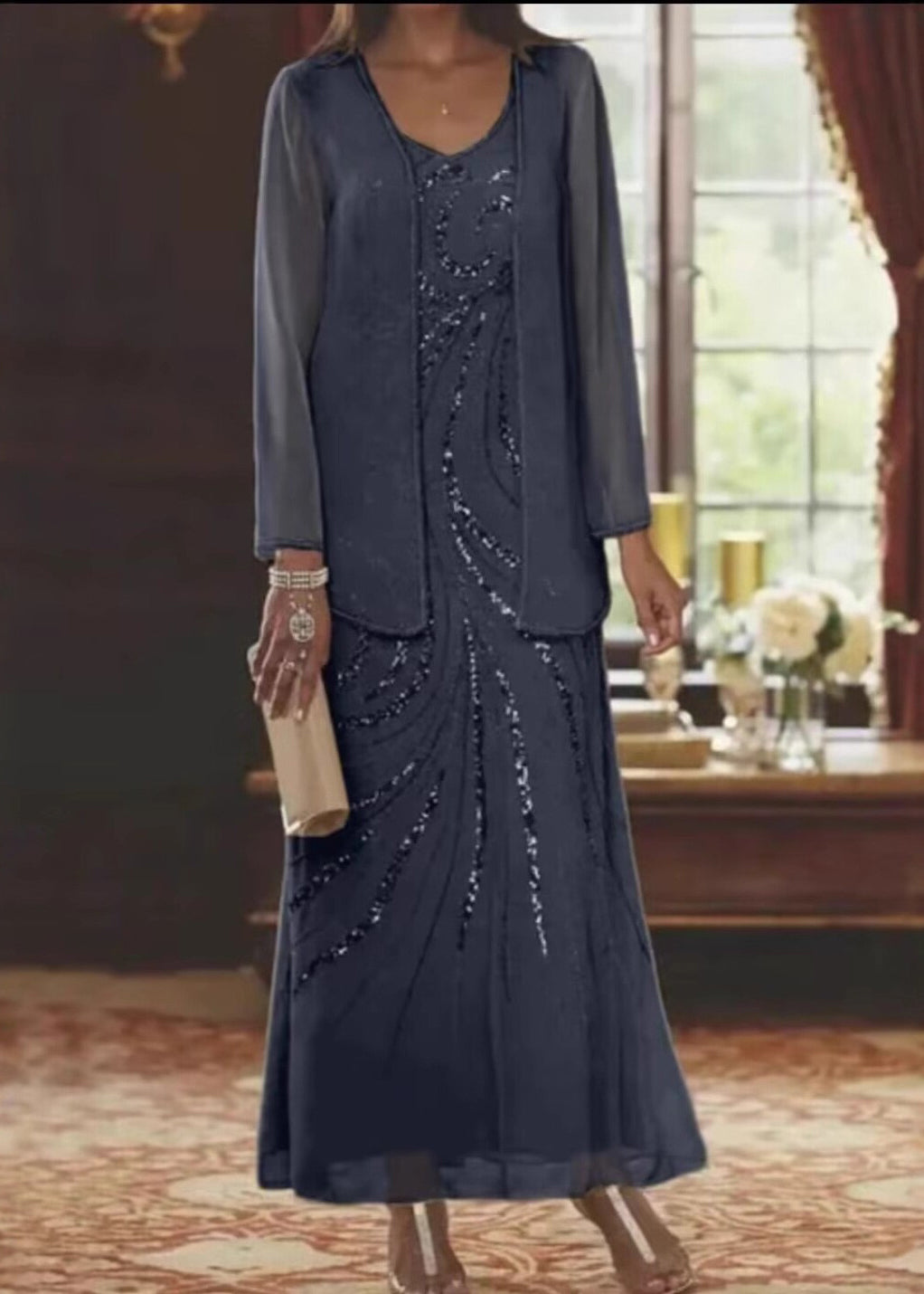 Elegant Champagne V Neck Sequins Chiffon Two Piece Suit Set Summer