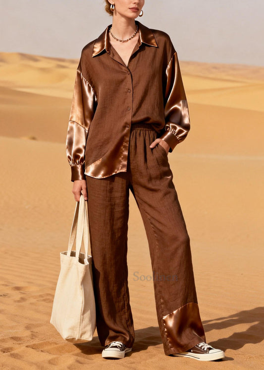 Elegant Chocolate Asymmetrical Patchwork Linen Two Piece Suit Set Spring