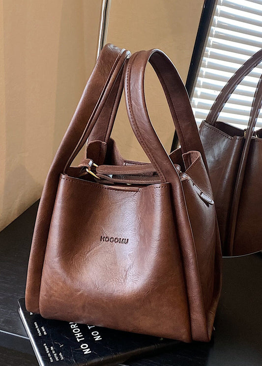 Elegant Chocolate Jacquard Faux Leather Bucket Bag