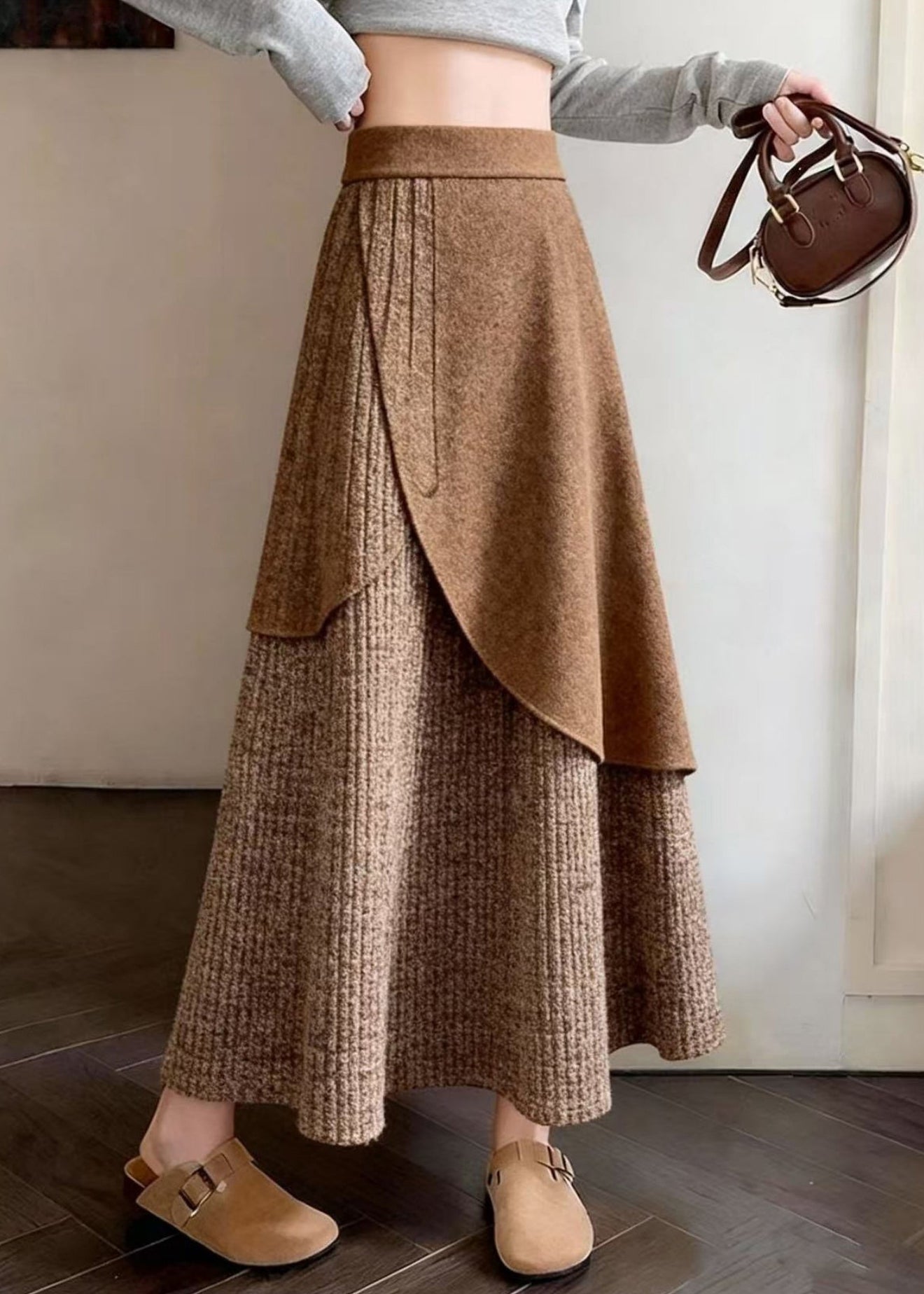 Elegant Coffee Asymmetrical Design Knit A Line Skirts Spring