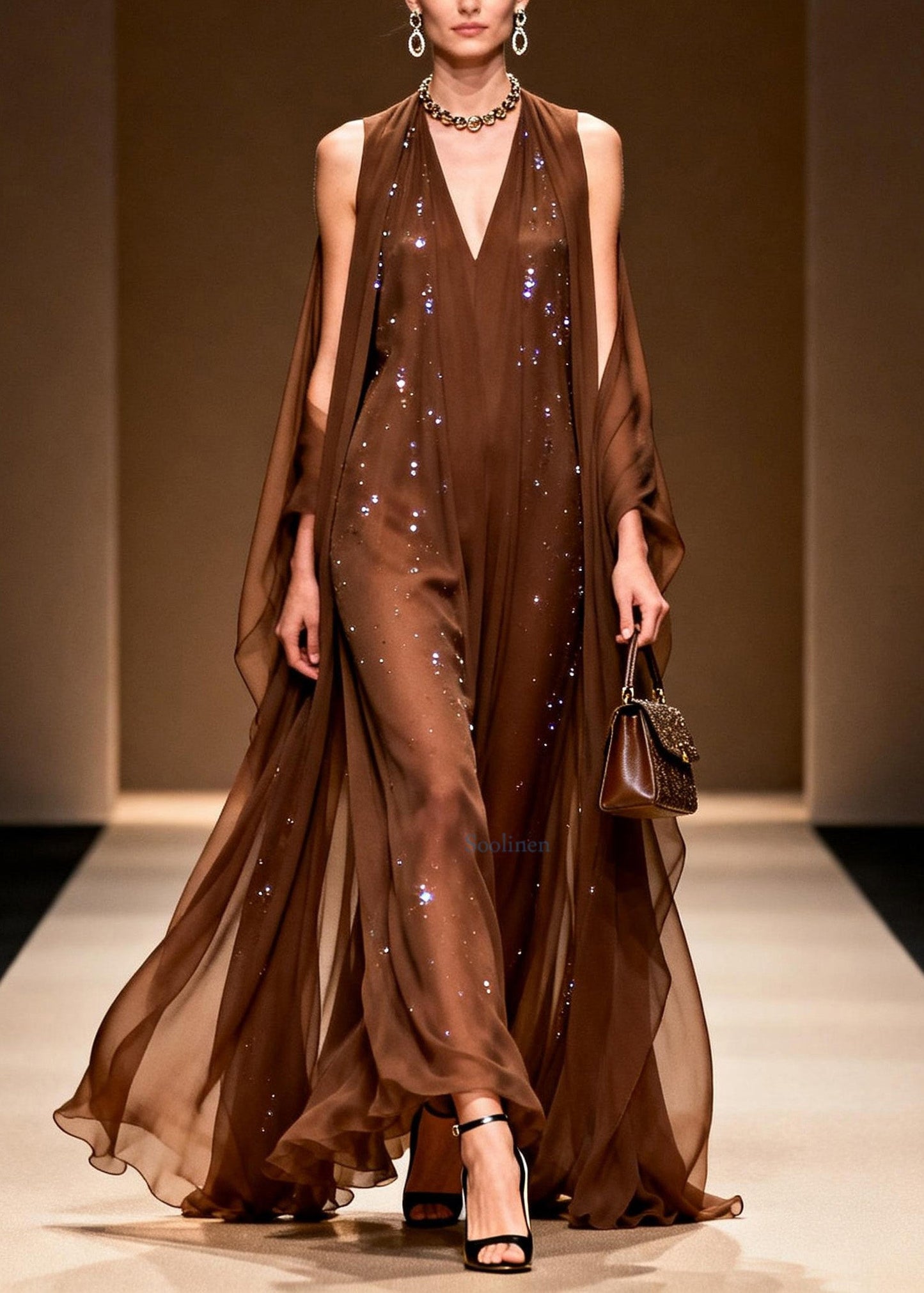 Elegant Coffee Cold Shoulder Zircon Chiffon Maxi Dresses Sleeveless