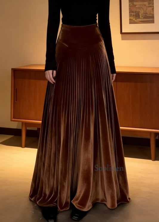Elegant Coffee Elastic Waist Silk Velvet Maxi Skirts Spring