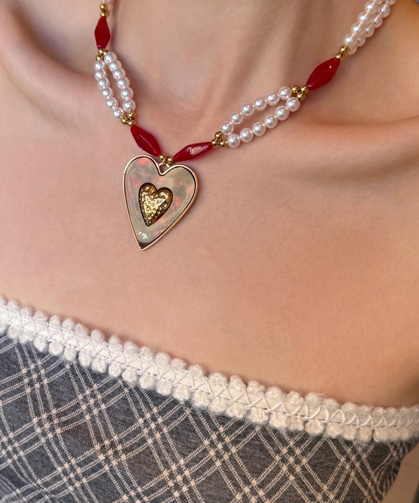 Elegant Colorblock Alloy Pearl Love Glass Bead Pendant Necklace
