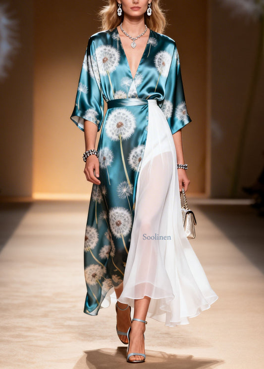 Elegant Colorblock V Neck Asymmetrical Patchwork Chiffon Dresses Summer