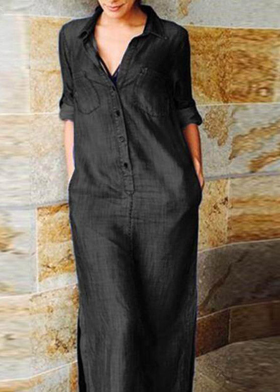 Elegant Denim Blue Peter Pan Collar Patchwork Pockets Maxi Shirts Dresses Long Sleeve