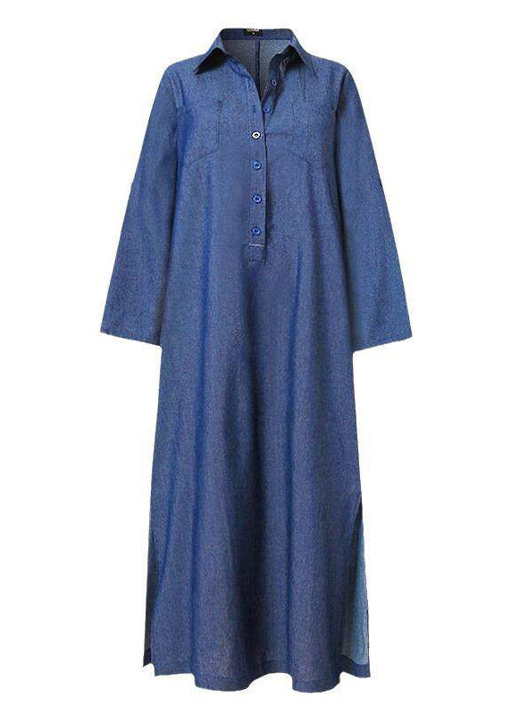 Elegant Denim Blue Peter Pan Collar Patchwork Pockets Maxi Shirts Dresses Long Sleeve