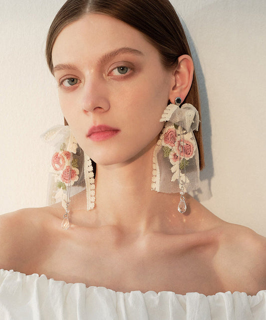 Elegant Embroidered Rose Mesh Dangle With Crystal Tasseled Pendant Earrings